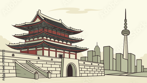 Gyeongbokgung Palace and Seoul Skyline Vector