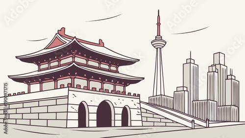 Bild auf Leinwand Gyeongbokgung Palace and Seoul Skyline Vector