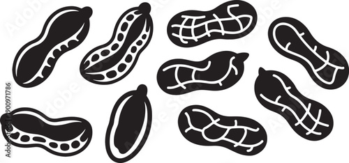 Black and White Icon Set of Peanuts in Shells and Kernels