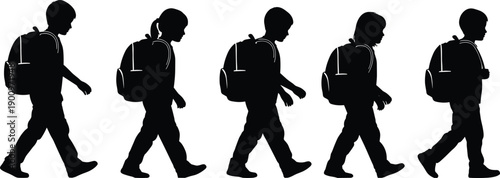 Set of Black Children Silhouette Vector Illustrations Featuring School Kids Walking with Backpacks in Profile View Isolated on White Background