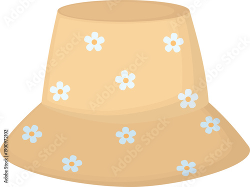 Straw bucket hat with small flowers. Cute seasonal headwear isolated on white background
