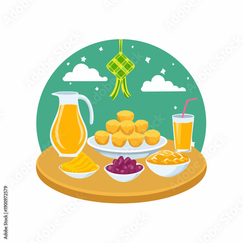 A vibrant illustration of a festive table laden with traditional Southeast Asian food and drinks, including juice, cakes, and various ingredients, with a ketupat decoration in the background.