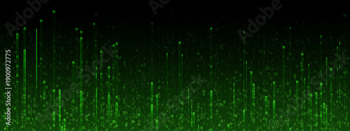 Binary code cascades in green matrix rain pattern, flowing cyber data streams creating futuristic hacker interface on dark digital background.