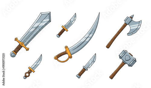 Solid Vector Icons of Medieval Cartoon Weapons – Sword, Knife, Axe, Hammer