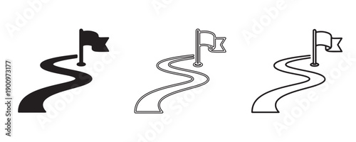 Path to Destination: A symbolic representation of a winding road leading towards a flagged goal, suggesting a journey or path to achievement. 