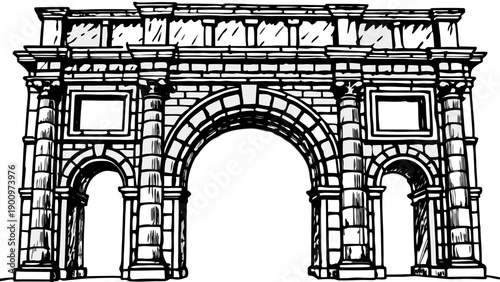 Very beautiful close view of Trajan’s Arch within the ruins of Timgad, highlighting Roman architectural symmetry and the enduring legacy of ancient Algeria.
