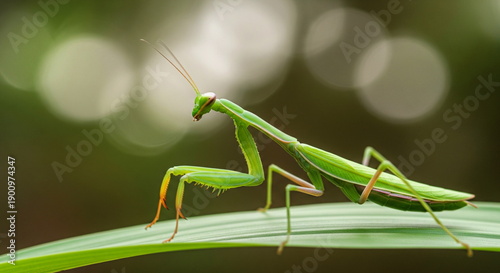 Εκτύπωση καμβά Close-Up of a Green Praying Mantis (Tenodera sinensis) on a Leaf – Macro Nature Photography with Shallow Depth of Field and Soft Natural Lighting