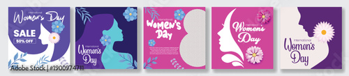 8 March Women’s Day Social Media Posts Bundle, Flyer Poster Templates, Banners, Floral Vector Women Silhouettes, Greeting Cards, Floral Backgrounds, International Celebration Promo Design Collection