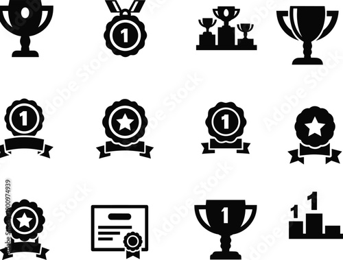 Awards and achievements icons collection, black and white vector silhouettes, decorative trophy medals ribbons illustration, podium certificate design set, modern success graphic elements