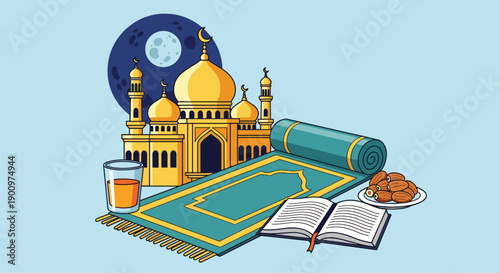 Golden mosque with minarets under a serene night sky, surrounded by a prayer mat, open Quran, juice, and dates, depicting a peaceful Ramadan Iftar scene on a light blue background.