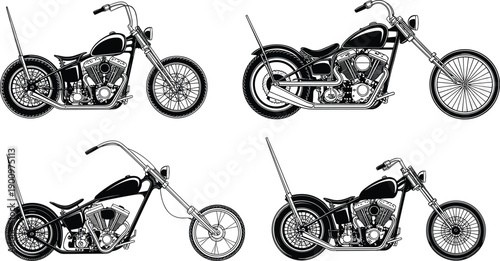 Vintage custom chopper motorcycle silhouette collection featuring detailed engine parts and retro handle bars for biker culture transportation and automotive workshop graphic design projects