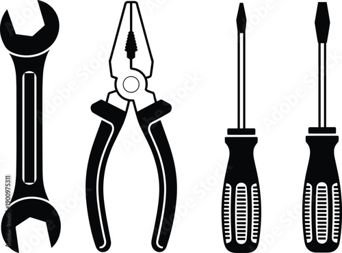 Black hand tools silhouette set featuring wrench pliers and screwdrivers icons for home repair maintenance and construction hardware design projects isolated on white