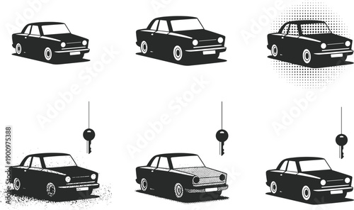 Vintage car silhouette collection featuring classic coupe icons with hanging keys and halftone texture effects for automotive sales and retro transportation design projects isolated