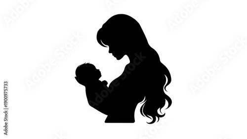 A stark black silhouette of a long-haired woman holding her baby close to her chest.
