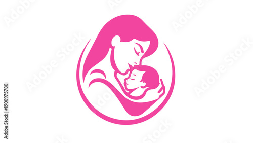A pink circular logo or emblem depicting a mother tenderly cradling her infant baby.