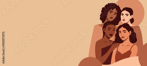 Vector banner for Women's Day, March 8. Women of different cultures, skin colors, nationalities stand together. Support, diversity, feminism, freedom, movement for gender equality, women's empowermen