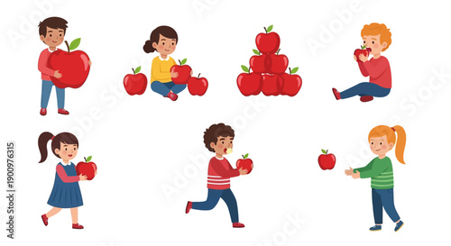 Children happily carrying and sharing apples in a playful scene depicted in a colorful illustration