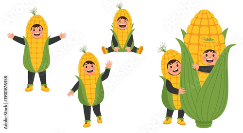 Children dressed as cornstalks in various poses and compositions around a plain setting