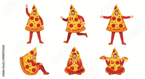 Illustration of pizza characters in various dynamic dance poses on a clean white background showcasing fun and creativity