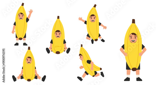 People dressed in banana costumes performing various actions in a playful and lively white background scene