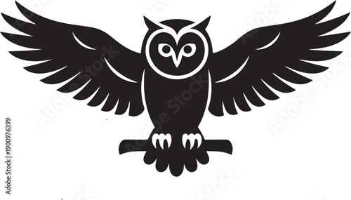 Elegant black owl silhouette perched on branch with spread wings