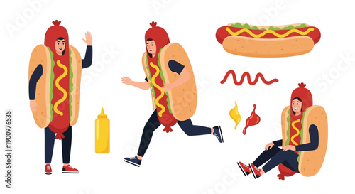 Illustration of people dressed as hot dogs in various dynamic poses and a close-up view of a hot dog