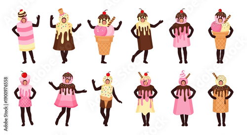 Assorted ice cream characters dancing in various poses and flavors, vector illustration