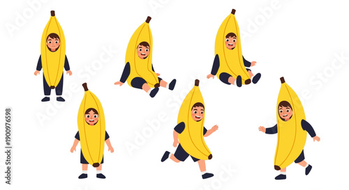 Children in banana costumes running and playing together in a lively scene from a child's viewpoint