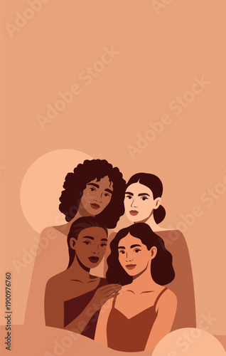 Vector vertical banner for Women's Day, March 8. Women of different cultures, nationalities stand together. Support, diversity, feminism, freedom, movement for gender equality, women's empowerment