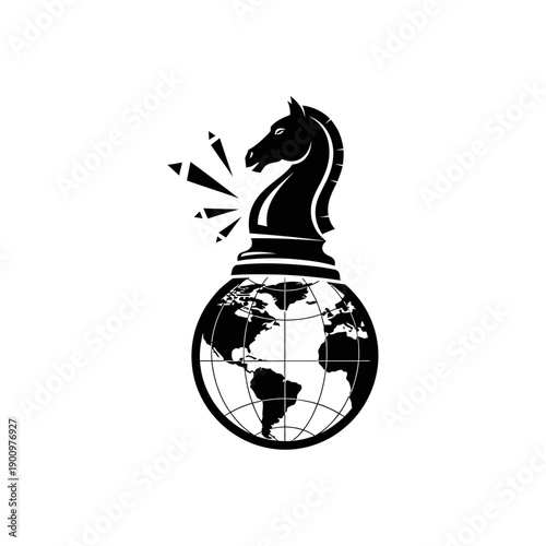 Black Chess Knight on Globe Icon.