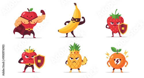 Fruits Embracing Shields and Fitness with Expressions and Emotions in a White Background Vector Illustration