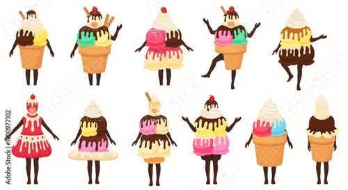 Illustration of whimsical ice cream cone characters in various colorful costumes and toppings displayed in a grid pattern