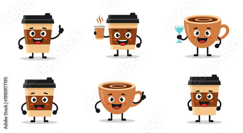 Cartoon coffee cups with faces and arms in various poses and actions, illustration, white background, front view