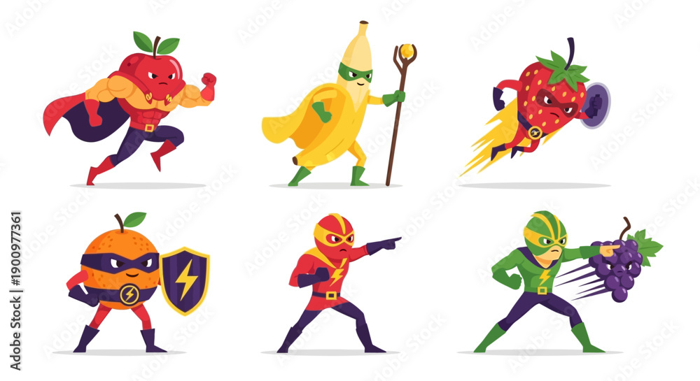 Naklejka premium Vibrant cartoon fruit characters in dynamic poses, showcasing various actions and personalities in a playful illustration