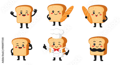 Assorted cartoon bread characters with various expressions and accessories in a playful illustration