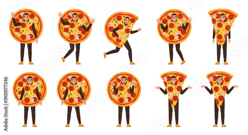 Eight people dressed as pizzas dancing and posing in various dynamic stances, illustrating a lively scene.