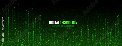 Digital green code rain flows through black background with binary data streams creating matrix-style cyber security theme for technology and programming interface design.