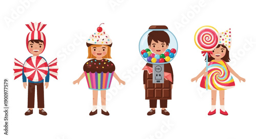Four children stand in a row wearing colorful costumes with cupcake, lollipop, and astronaut themes