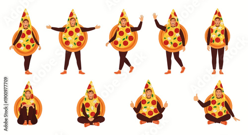 People dressed as pizzas performing various yoga poses on a white background, captured from a straight-on viewpoint, showcasing flexibility and creativity.