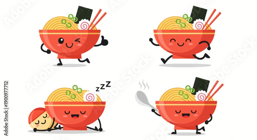 Cartoon bowls of ramen noodle soup with various facial expressions and utensils in different poses