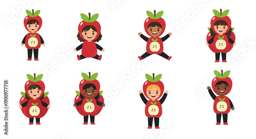 Children in strawberry costumes standing and posing in various positions on a white background, vector illustration