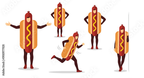 Illustration of anthropomorphic hot dogs in various dynamic poses on a plain background, Whisk-inspired vector art