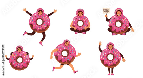 Group of people wearing pink donut costumes dancing and having fun together outside