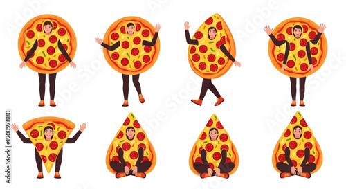 People wearing pizza costumes performing various dance moves in a lively and playful illustration