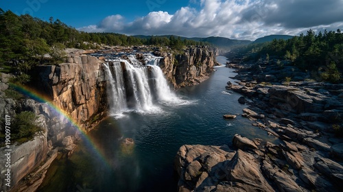 Stunning waterfall surrounded by nature with a beautiful rainbow arching across the sky above
