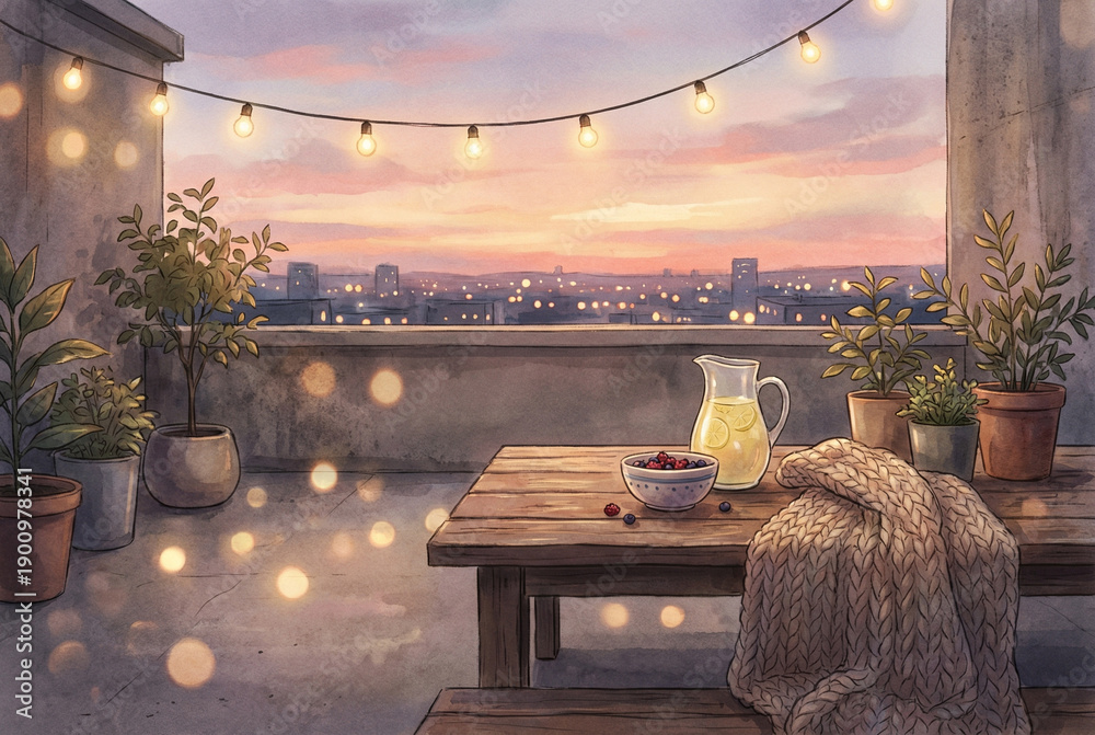 Fototapeta premium Cozy rooftop terrace at sunset with string lights glowing warmly over wooden table, bowl of berries, pitcher of lemonade, and knitted blanket. Urban cityscape in soft pastel colors.