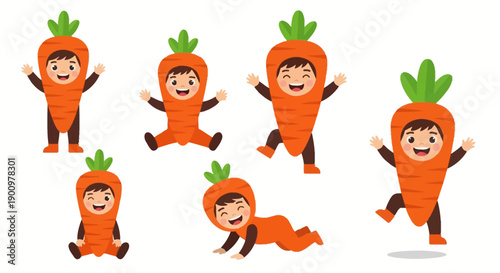 Children in carrot costumes playing and jumping in various poses on a white background, illustrated in a whimsical style.