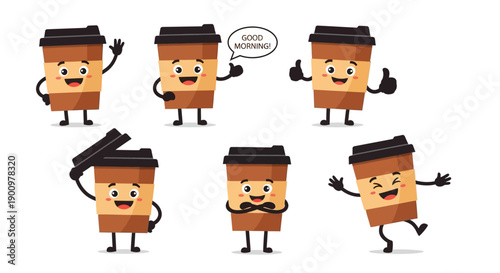 Cartoon coffee cups dancing and interacting in various poses and expressions