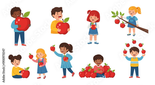Children happily holding and playing with apples in a joyful illustration scene
