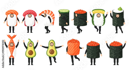 Illustration of sushi characters dancing together in a joyful scene, celebrating food and culture.